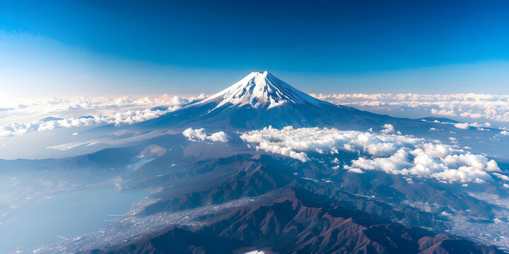 winter mountain landscape, View through a passenger airplane window on a beautiful landscape.