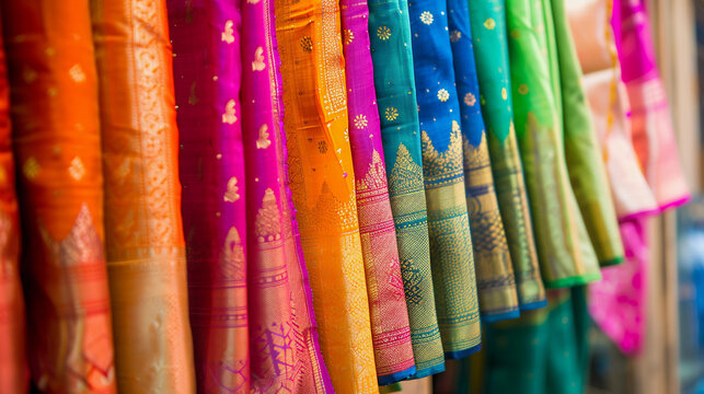 Close up portrait of colorful shiny indian saree hanging on a clothing rack