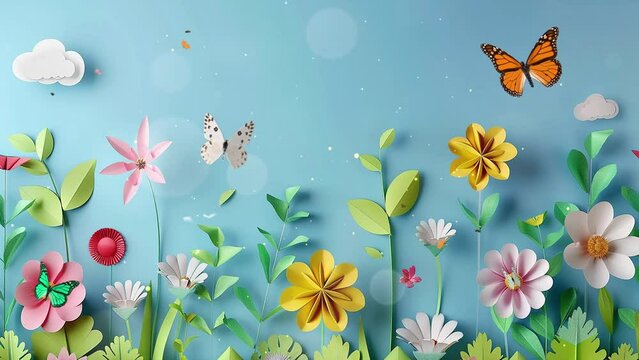 summer border with paper cut fantasy flowers leaves. seamless looping overlay 4k virtual video animation background