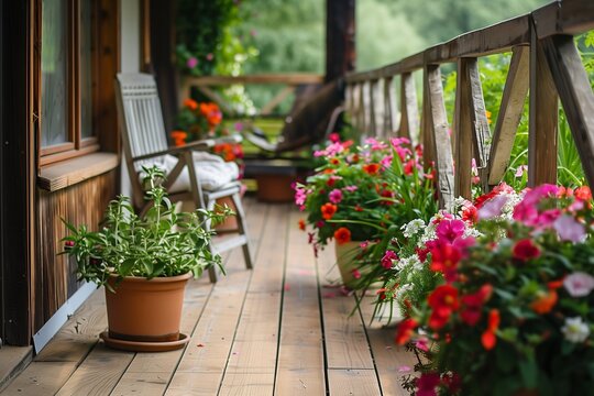 A detailed photograph of a stunning balcony or terrace with a wooden floor, cozy chair, and flourishing potted flowers, the HD lens capturing the tranquil beauty of outdoor living. 
