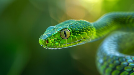 Green snake camouflaged among leaves, piercing eyes, and vibrant scales highlighting its stealth