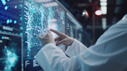 Smart medical concept, doctor use augmented reality tecnology to analysis the data while use the x-ray machine in hospital.