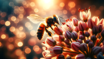 A photograph in the style of National Geographic, a bee in its natural environment, the bee in sharp focus against a beautifully blurred background - obrazy, fototapety, plakaty