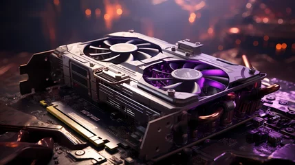 Fototapeten A high-performance graphics card on a pristine white mockup, against a deep royal purple background, illustrating its power and capabilities for gaming enthusiasts. © HASHMAT