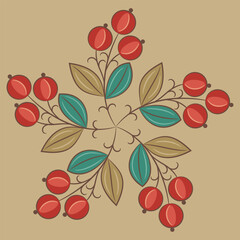 Floral design with ripe fruits or berries. Folk style. Seasonal star shape mandala with five blooming branches. On beige background.