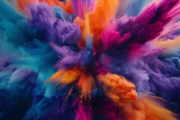 An artful composition revealing the stunning aftermath of a colored powder explosion, the high-definition lens capturing the suspended particles and vibrant hues in intricate detail.  - obrazy, fototapety, plakaty