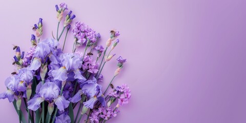 Exquisite Purple Iris and Delicate Pink Flower Bouquet on Solid Purple Background, Elegant Floral Display for Various Occasions