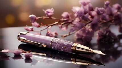 An artistically crafted fountain pen on an elegant white mockup, set against a deep mauve background, capturing the essence of creativity and refinement. - obrazy, fototapety, plakaty