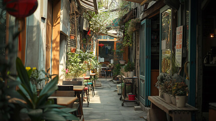 A narrow alley filled with vintage shops and cafes - obrazy, fototapety, plakaty