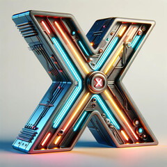 A 3D, retro-futuristic style "X" sign equipped with whimsical metal parts that encapsulates the creative vision of the future of the past.