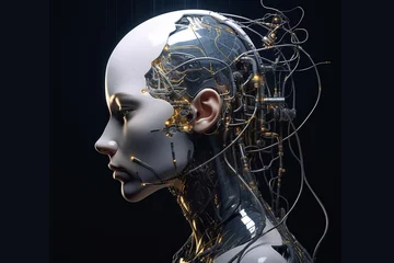 Schilderijen op glas futuristic design of an android head, with visible wires, connections, and nodes. the cybernetic elements are meticulously integrated, portraying a technological marvel and the convergence of human © Pixel Alchemy