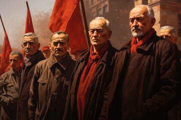 A digital painting of a group of solemn men in coats with red flags in the background. - obrazy, fototapety, plakaty