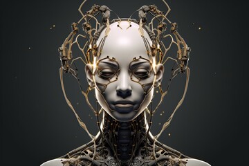 futuristic design of an android head, with visible wires, connections, and nodes. the cybernetic...