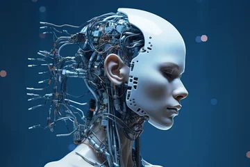 Foto op Plexiglas futuristic design of an android head, with visible wires, connections, and nodes. the cybernetic elements are meticulously integrated, portraying a technological marvel and the convergence of human © Pixel Alchemy