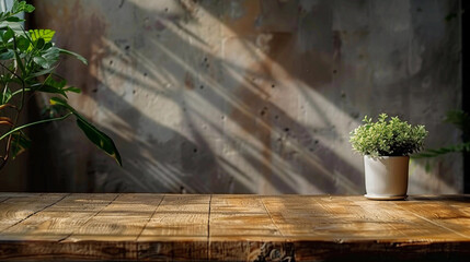 Empty wooden table top against concrete wall, small house plant pot on table, green leaves on side, natural sunlight coming with shadows