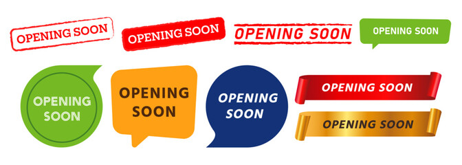 opening soon stamp speech bubble and ribbon label sticker sign for announcement beginning business