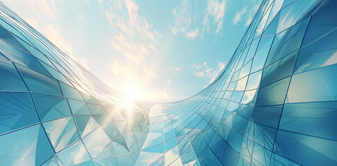 3D rendering of a curved glass skyscraper with a blue sky background - obrazy, fototapety, plakaty