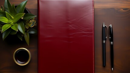 A classic leather journal on a pristine white mockup, against a deep wine red background, capturing...
