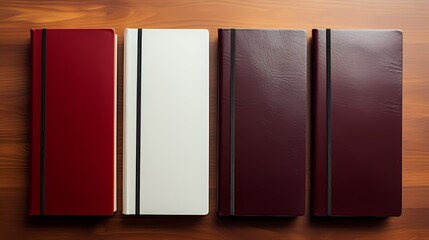 A classic leather journal on a pristine white mockup, against a deep wine red background, capturing...