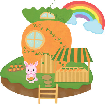 The cartoon Easter carrot house with a carrot garden and rabbit There are blue clouds and colorful rainbows.	
