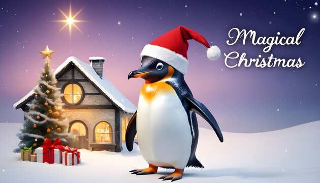 magical christmas, card, invitation, penguin