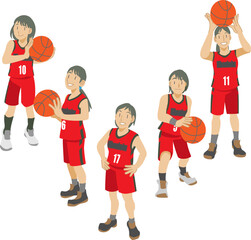 試合に臨む女子バスケットボールの選手たちのイラスト - obrazy, fototapety, plakaty