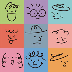 Fototapeta premium 様々な色の上に描かれた、いろいろな表情の抽象的な顔のビンテージ風ベクターイラスト