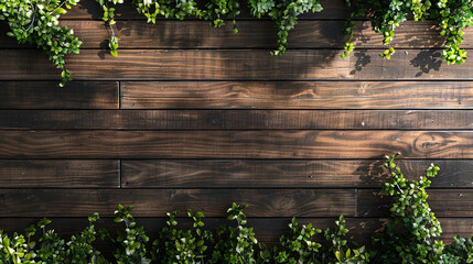 Nature wood background, small green leaves and vines on dark textured wood planks, product display background