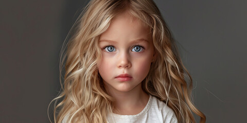 portrait photography of an adorable little girl, long blonde hair, blue eyes, wearing white, generative AI
