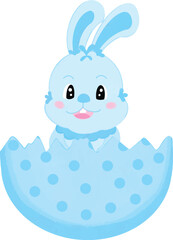 Happy Easter greeting card Cartoon illustration of a cute bright blue rabbit sitting in a blue polka dot broken eggshell.	
