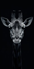 Majestic Giraffe Portrait in Monochrome Black and White, Isolated on Black Background.  Generative AI.
