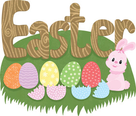 Happy Easter greeting card with multicolored eggs and pink rabbits on a green grass background.