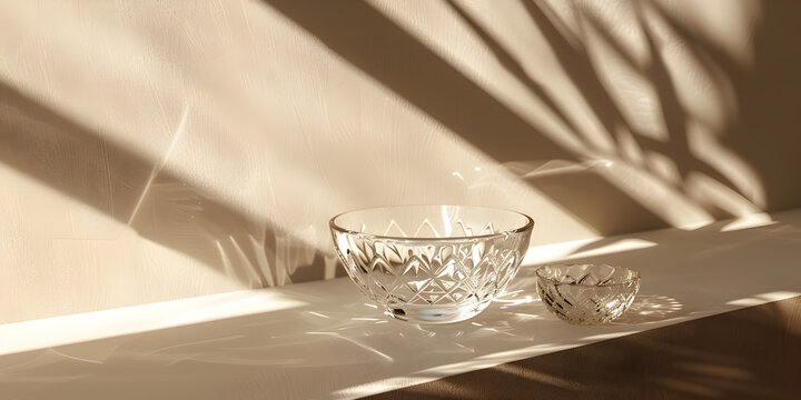 Crystal glass with sparkling sunlight shadow on the white, 