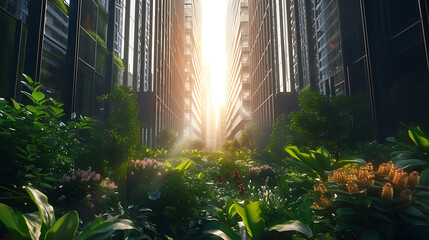 An urban garden nestled between tall city buildings