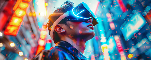 Young man wearing VR glasses in the futuristic city