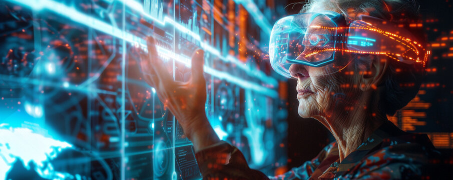 Senior woman wearing VR glasses with big screen