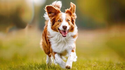 Adult brown white border collie run very fast in training day. Happy dog jump side view - Powered by Adobe