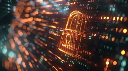 A digital padlock symbolizes cybersecurity in a backdrop of streaming binary data and digital information.