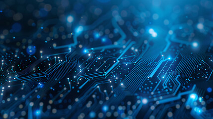 Electronic circuit board close-up computer chip, blue cyber circuit future technology concept background