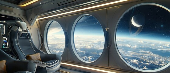 A Futuristic design of a spaceship interior with panoramic windows offering a breath-taking view of...