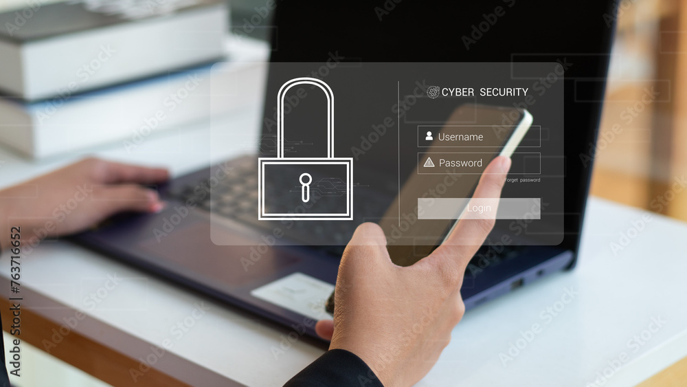 Aufkleber cybersecurity concept global network security technology, business people protect personal informati