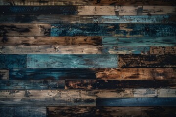 Evocative dark teal and brown stained wood planks, offering a uniquely textured background with a contemporary edge.
