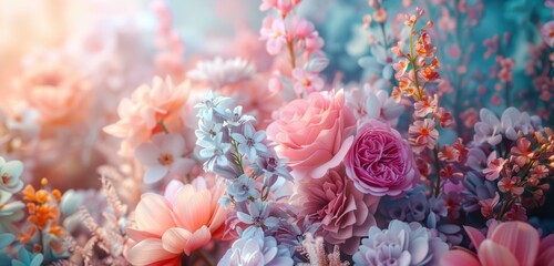 Flowers composition. flowers on Isolated background. Valentines day, mothers day, women's day concept. Women's history month celebration background generative ai with colorful pastel flowers in girl,  - obrazy, fototapety, plakaty