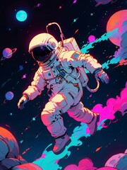 Fototapeta premium astronaut floating in space illustration in colorful neon style