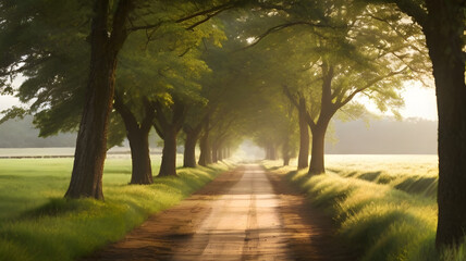 path from the lines of trees, in the morning