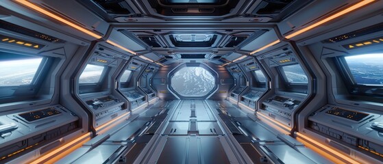 A Futuristic design of a spaceship interior with panoramic windows offering a breath-taking view of...