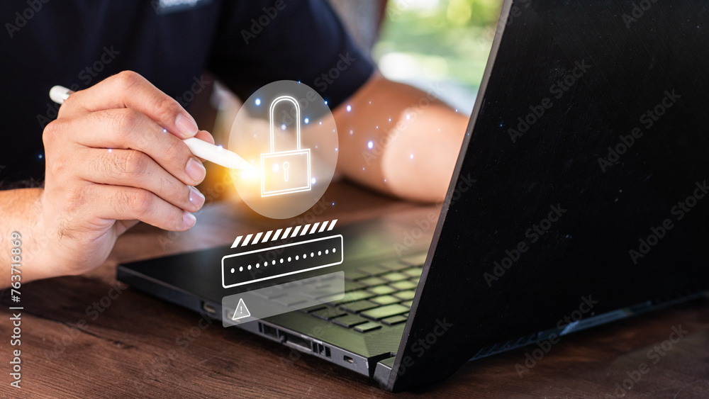 Aufkleber cybersecurity concept global network security technology, business people protect personal informati