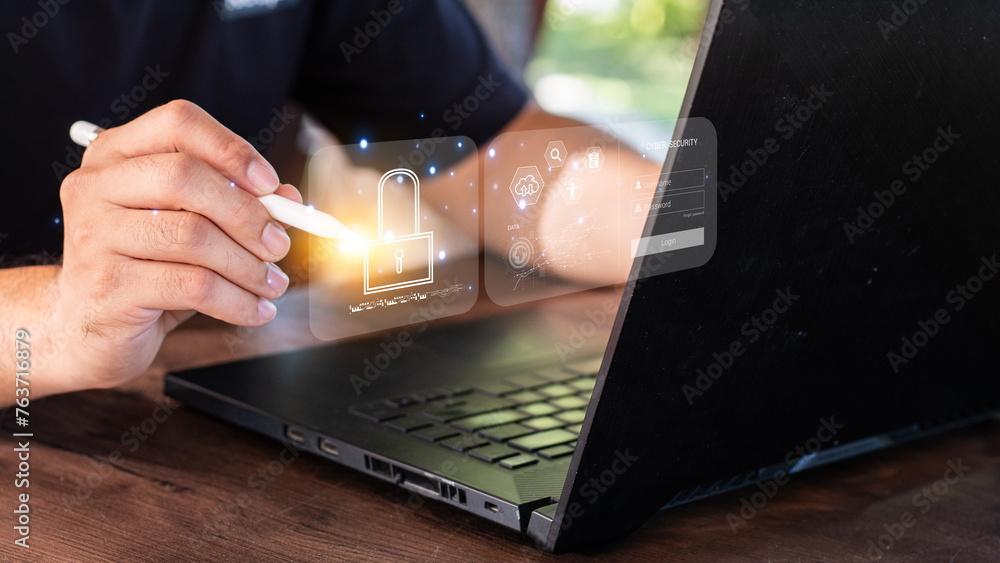 Aufkleber cybersecurity concept global network security technology, business people protect personal informati