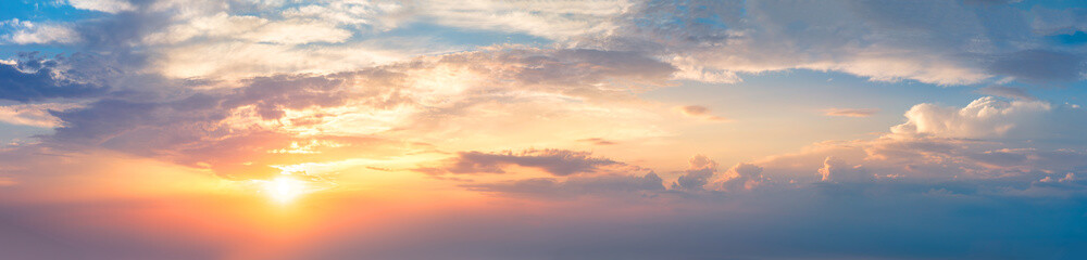Gentle real sky with sun - Pastel colors - Panoramic Sunrise Sundown Sanset Sky with colorful...