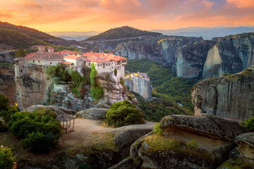 Greece, Meteora Monasteries. Panoramic view of the Holy Monastery of Varlaam, located on the edge of a high cliff.  Greece, Europe - 763716839